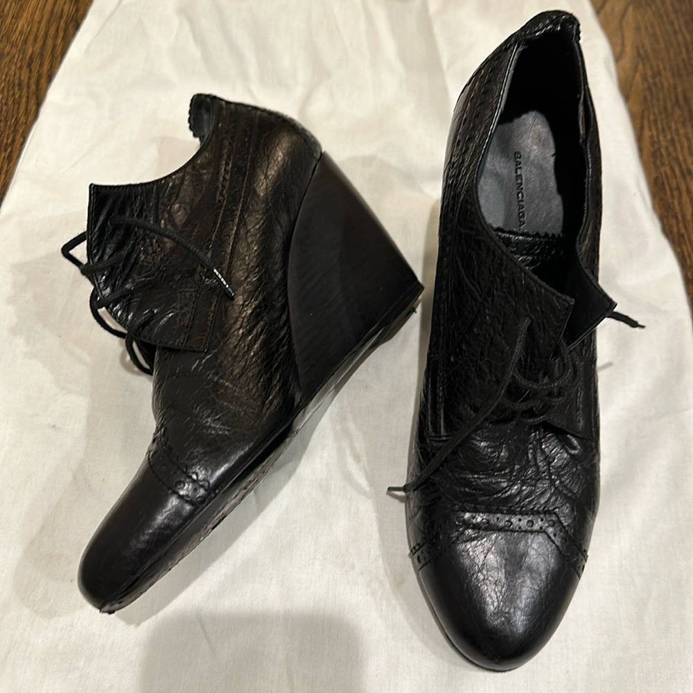 Balenciaga Leather Wedge Booties in Black with Leather Embossing